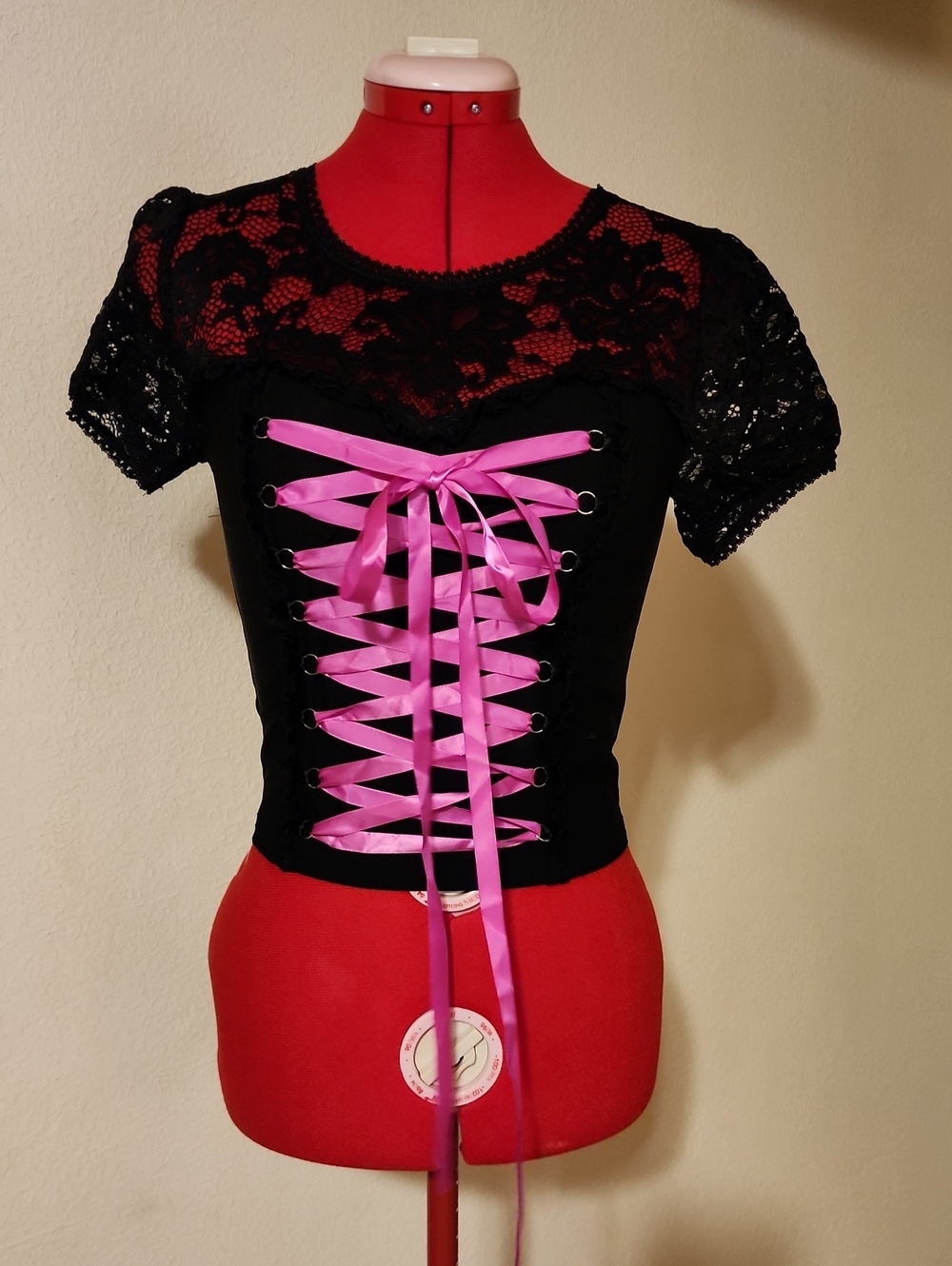 Dolls Kill 💀Widow💀 "Disorderly Conduct Lace Up Corset Top" Pink Ribbon NWT